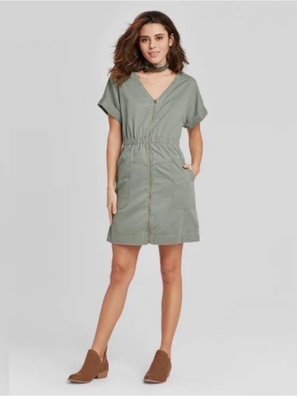 Women’s Olive Green Zip-Front Pocket Dress